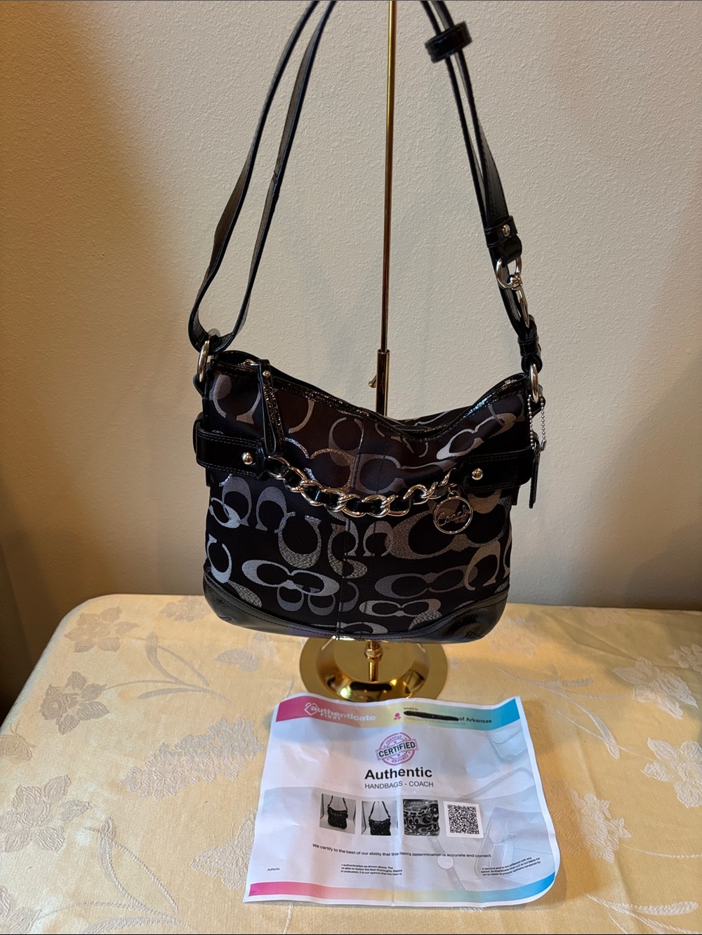 Coach Black Signature Canvas Shoulder Bag with Silver Chain